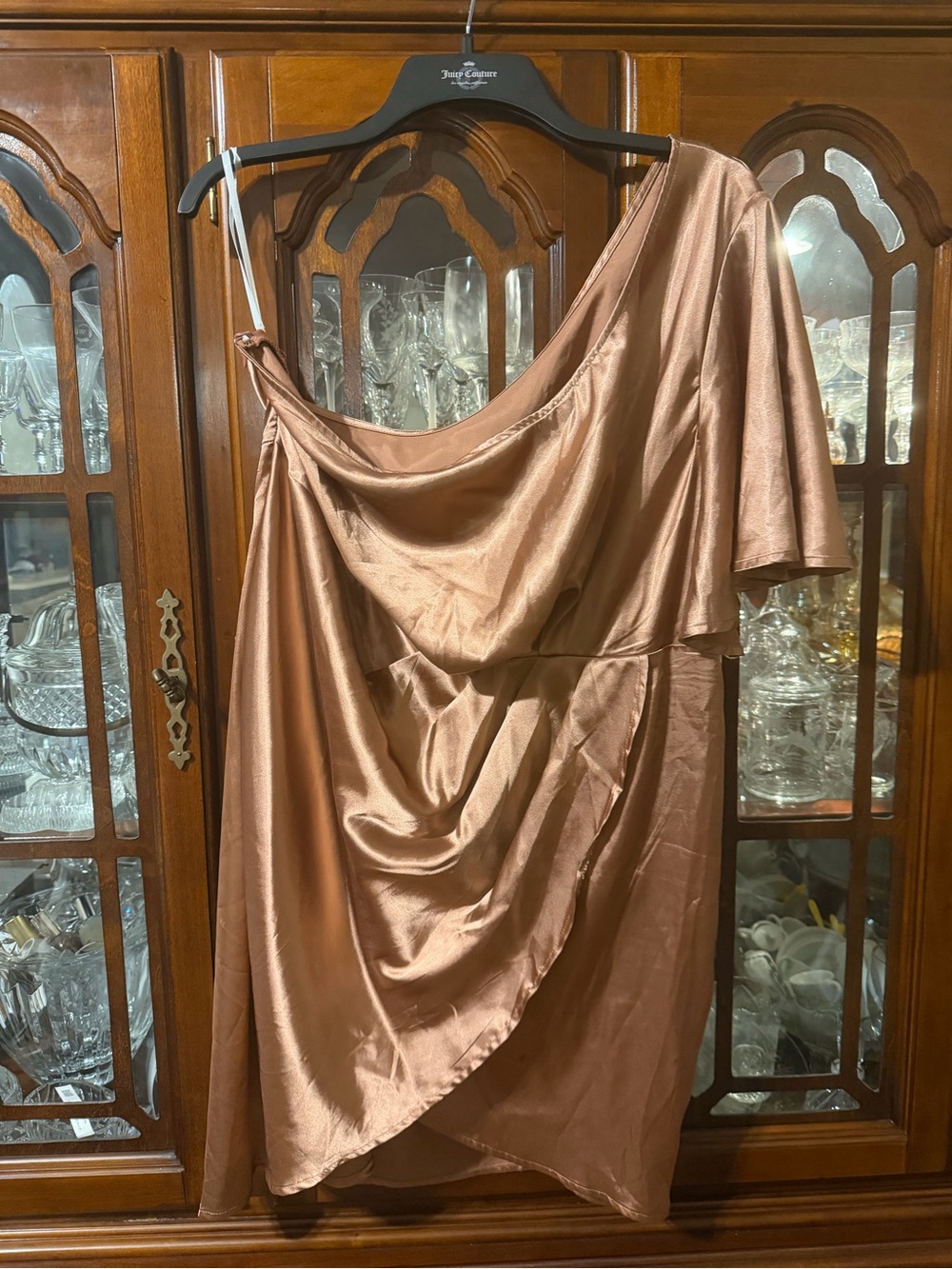 Satin One-Shoulder Draped Mini Dress - Bronze